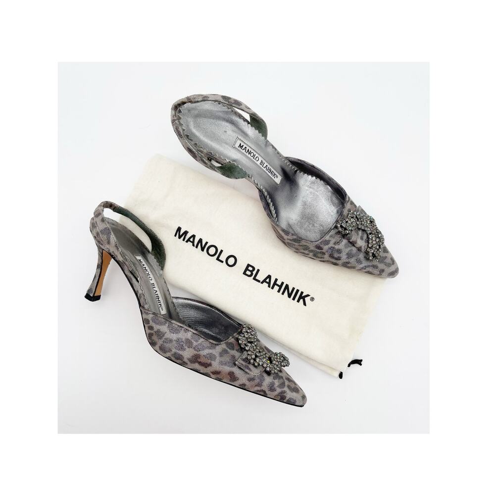 Manolo Blahnik Vintage Carolyne Silver Leopard Crystal Slingback Heels IT 36.5